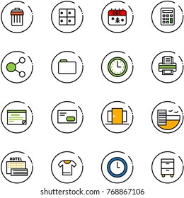line vector icon set - trash bin vector, baggage room, christmas calendar, calculator, share, folder, time, printer, schedule, envelope, doors, hotel, sea, t shirt, clock, tool cabinet