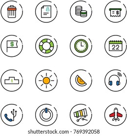 line vector icon set - trash bin vector, patient card, coin, receipt, dollar flag, lifebuoy, time, calendar, pedestal, sun, watermelone, wireless headphones, phone, standby button, xylophone
