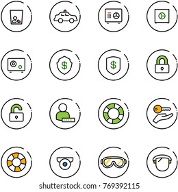 line vector icon set - trash vector, safety car, safe, locked, unlocked, user password, lifebuoy, key hand, surveillance camera, protective glasses, protect glass