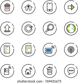 line vector icon set - trash bin vector, home, phone, right arrow, uplooad, reload, magnifier, globe, document, mobile, notebook wi fi, antenna, server wireless, chat