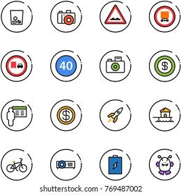 line vector icon set - trash vector, camera, rough road sign, no dangerous cargo, truck overtake, minimal speed limit, dollar, presentation, rocket, bungalow, bike, projector, battery, toy monster