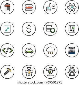 line vector icon set - trash bin vector, sign post, tonometer, heart gear, x ray, dollar, coin, account statement, tag code, car, rain cloud, binary, screw, bear toy, robot