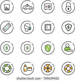 line vector icon set - trash vector, safety car, safe, lock, medical patch, mask, shield, user password, lifebuoy, uv cream, parasol