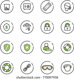 line vector icon set - trash vector, safe, medical patch, mask, insurance, locked, unlocked, shield, cross, user password, lifebuoy, link, protective glasses, protect glass