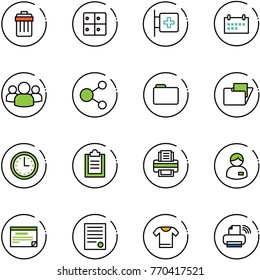 line vector icon set - trash bin vector, baggage room, first aid, schedule, group, share, folder, time, clipboard, printer, manager, agreement, t shirt, wireless