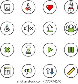 Line Vector Icon Set - Trash Vector, Disabled, Heart, Snowman, Volume Off, Uplooad, Group, Delete Cross, Sand Clock, Play, Pause, Calculator, Megaphone, Up Down Arrows, Ruler