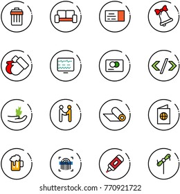 line vector icon set - trash bin vector, vip waiting area, ticket, bell, gloves, diagnostic monitor, credit card, tag code, hand sproute, agreement, mat, passport, beer, fingerprint scanner, marker