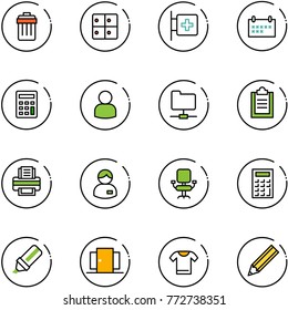 line vector icon set - trash bin vector, baggage room, first aid, schedule, calculator, user, network folder, clipboard, printer, manager, office chair, highlight marker, doors, t shirt, pencil