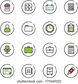 line vector icon set - trash bin vector, baggage room, schedule, calculator, user, folder, time, clipboard, office chair, case, portfolio, contact book, tool cabinet, marker