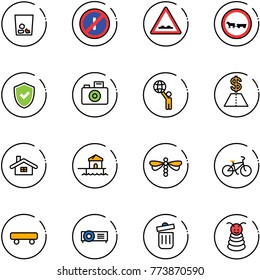 line vector icon set - trash vector, no parkin odd, rough road sign, cart horse, shield check, camera, world, dollar, home, bungalow, dragonfly, bike, skateboard, projector, bin, pyramid toy