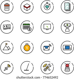 line vector icon set - trash bin vector, gift, stopwatch heart, breads, cash, calendar, monitor cursor, cup, mountain, gold medal, wireless mail, game console, nail dowel, rake, wrench hammer