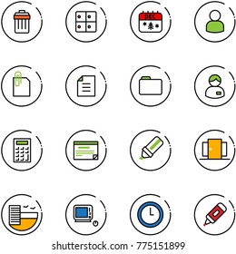 line vector icon set - trash bin vector, baggage room, christmas calendar, user, attachment, document, folder, manager, calculator, schedule, highlight marker, doors, hotel, monoblock pc, clock