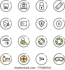 line vector icon set - trash vector, officer window, lock, medical patch, mask, safe, insurance, user password, lifebuoy, uv cream, parasol, surveillance camera, protective glasses