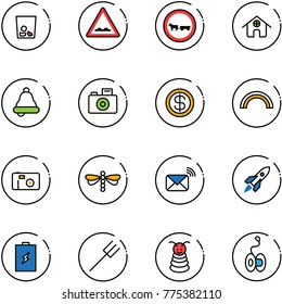 line vector icon set - trash vector, rough road sign, no cart horse, home, bell, camera, dollar, rainbow, photo, dragonfly, wireless mail, rocket, battery, farm fork, pyramid toy, yoyo