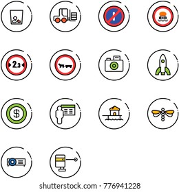 line vector icon set - trash vector, fork loader, no parkin odd, dangerous cargo road sign, limited width, cart horse, camera, rocket, dollar, presentation, bungalow, dragonfly, projector
