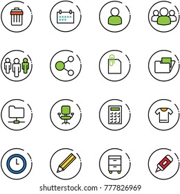 line vector icon set - trash bin vector, schedule, user, group, share, attachment, folder, network, office chair, calculator, t shirt, clock, pencil, tool cabinet, marker