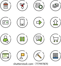 line vector icon set - trash bin vector, holly, coin, dollar, tap pay, phone, right arrow, uplooad, user login, pause, chat, cart, schedule, flag, rock axe, binary code