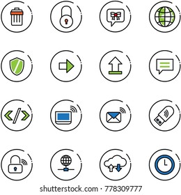 line vector icon set - trash bin vector, lock, bow message, globe, shield, right arrow, uplooad, chat, tag code, notebook wi fi, wireless mail, usb, cloud exchange data, clock