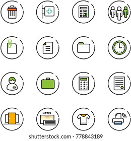 line vector icon set - trash bin vector, first aid room, calculator, group, attachment, document, folder, time, manager, case, agreement, doors, sea hotel, t shirt, printer wireless