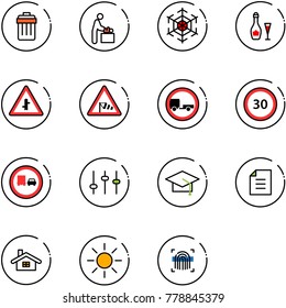 line vector icon set - trash bin vector, baby room, snowflake, wine, intersection road sign, side wind, no trailer, speed limit 30, truck overtake, settings, graduate hat, document, home, sun