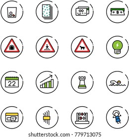 line vector icon set - trash vector, breads, credit card, cash, tunnel road sign, pedestrian, cow, idea, calendar, growth, chess tower, swimming, generator, allen key set, abacus, doll