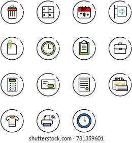 line vector icon set - trash bin vector, baggage room, christmas calendar, first aid, attachment, time, clipboard, portfolio, calculator, envelope, agreement, sea hotel, t shirt, printer wireless