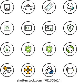 line vector icon set - trash vector, safety car, medical patch, mask, safe, shield check, cross, lifebuoy, key hand, parasol, recycling, protect glass