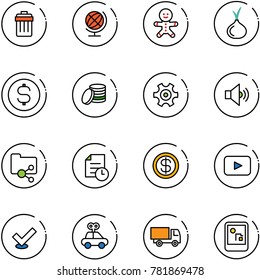 line vector icon set - trash bin vector, globe, cake man, onion, dollar coin, gear, volume medium, shared folder, history, playback, check, car toy, truck, game console