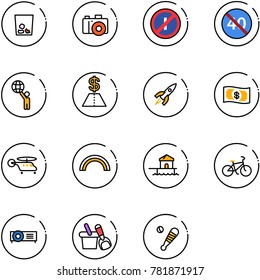 line vector icon set - trash vector, camera, no parkin odd, end minimal speed limit road sign, world, dollar, rocket, money, helicopter, rainbow, bungalow, bike, projector, shovel bucket