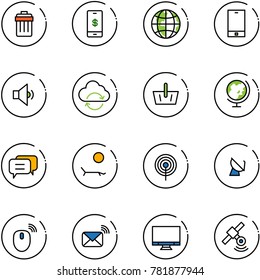 line vector icon set - trash bin vector, mobile payment, globe, phone, low volume, refresh cloud, basket, dialog, lounger, antenna, satellite, mouse wireless, mail, monitor