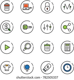 line vector icon set - trash bin vector, netabook connect, lock, monero, money click, key, settings, share, play, magnifier, calculator, t shirt, globe, usb wi fi, clock