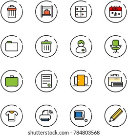 line vector icon set - trash bin vector, baggage room, christmas calendar, folder, manager, office chair, case, agreement, doors, sea hotel, t shirt, printer wireless, monoblock pc, pencil