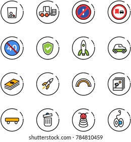 line vector icon set - trash vector, fork loader, no parkin odd, truck overtake road sign, end minimal speed limit, shield check, rocket, car, dollar, rainbow, photo, skateboard, bin, pyramid toy