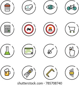 line vector icon set - trash bin vector, meat, eye, bike, calculator, no moto road sign, dangerous cargo, cart, flask, schedule, key, victory, beer, bolt cutter, staple, allen set