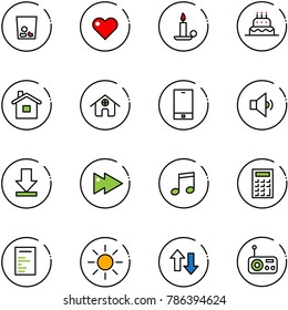 line vector icon set - trash vector, heart, candle, cake, home, phone, low volume, download, fast forward, music, calculator, document, sun, up down arrows, radio
