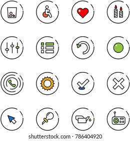 line vector icon set - trash vector, disabled, heart, candle, settings, menu, undo, record, phone horn, sun, check, delete, cursor, oiler, radio