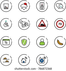 line vector icon set - trash vector, snowfall, christmas mobile, heart diagnosis, disabled, cash pay, climb road sign, speed limit 70, cursor browser, shield, user, banana, flip flops, wireless home