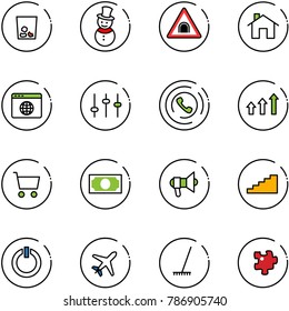 line vector icon set - trash vector, snowman, tunnel road sign, home, browser globe, settings, phone horn, arrows up, cart, money, megaphone, stairs, standby button, plane, rake, puzzle