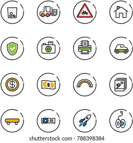 line vector icon set - trash vector, fork loader, road for moto sign, home, shield check, camera, printer, car, dollar, money, rainbow, photo, skateboard, projector, rocket, yoyo