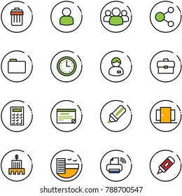 line vector icon set - trash bin vector, user, group, share, folder, time, manager, portfolio, calculator, schedule, highlight marker, doors, bank building, hotel, printer wireless