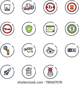 line vector icon set - trash vector, fork loader, limited width road sign, no dangerous cargo, cart horse, shield check, schedule, dollar, world, helicopter, home, projector, rocket, bin