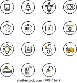 line vector icon set - trash vector, christmas tree, santa claus, euro dollar, insurance, bank, money case, browser globe, gear, contact book, rich, coconut cocktail, car baggage, remote control