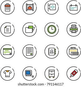 line vector icon set - trash bin vector, baggage room, first aid, schedule, document, folder, time, printer, agreement, contact book, sea hotel, t shirt, monoblock pc, tool cabinet, marker