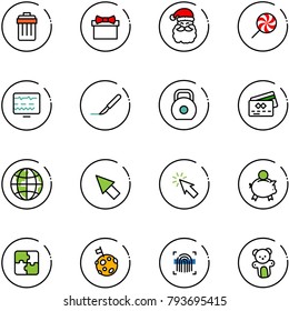 line vector icon set - trash bin vector, gift, santa claus, lollipop, diagnostic monitor, scalpel, weight, credit card, globe, cursor, piggy bank, puzzle, moon flag, fingerprint scanner, bear toy