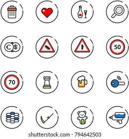 line vector icon set - trash bin vector, heart, wine, bacteria, euro dollar, multi lane traffic road sign, intersection, speed limit 50, 70, chess tower, beer, wireless key, carbon, scythe, bear toy