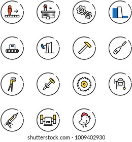 line vector icon set - travolator vector, airport building, gears, water power plant, conveyor, oil derrick, hammer, chisel, plumber, nail dowel, saw disk, cocncrete mixer, gun sealant, sharpening