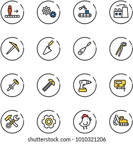 line vector icon set - travolator vector, gear, conveyor, plant, axe, trowel, chisel, plumber, nail dowel, screw, drill, jig saw, wrench hammer, chicken toy, excavator