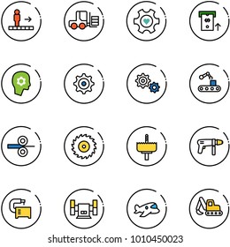line vector icon set - travolator vector, fork loader, heart gear, atm, brain work, conveyor, steel rolling, saw disk, crown drill, machine, tool, sharpening, plane toy, excavator