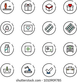 line vector icon set - travolator vector, gift, merry christmas message, first aid kit, pills blister, milk, safe, money chest, basket, conveyor, check, tool box
