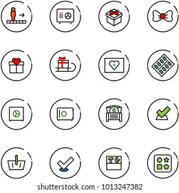 line vector icon set - travolator vector, safe, gift, bow, sleigh, first aid kit, pills blister, money chest, check, basket, tool box, cube hole toy